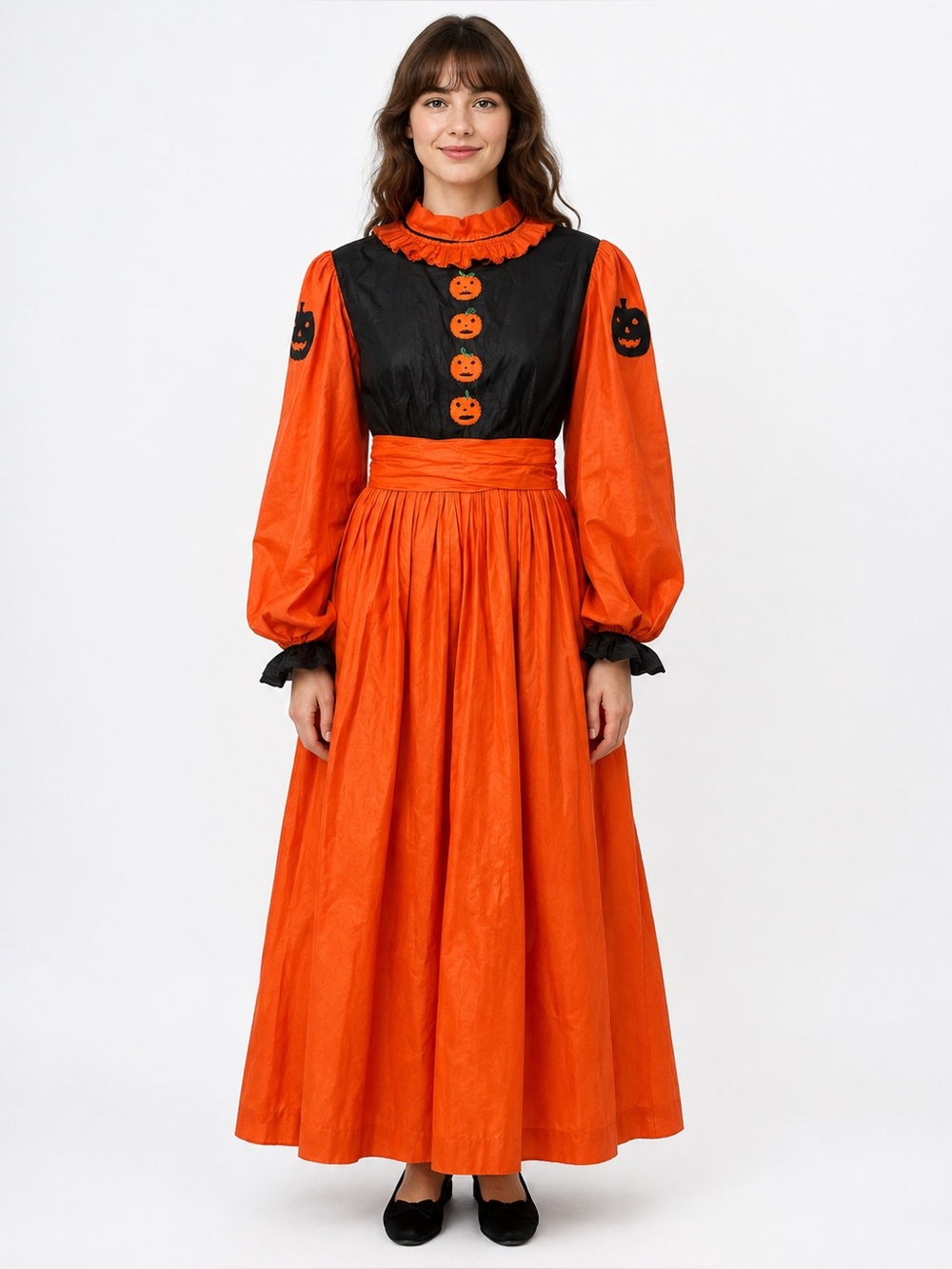 Vintage 1960s Handmade Halloween Pumpkin Dress Orange Black Maxi Festival